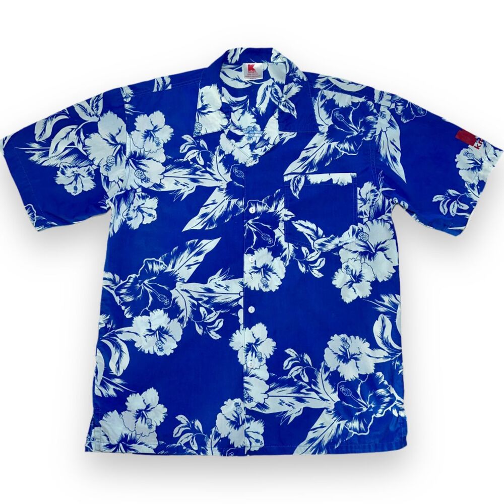 Kmart Hawaiian Shirt 100% Cotton Hibiscus AOP Sz L 90s Vintage - Early 00s Y2K